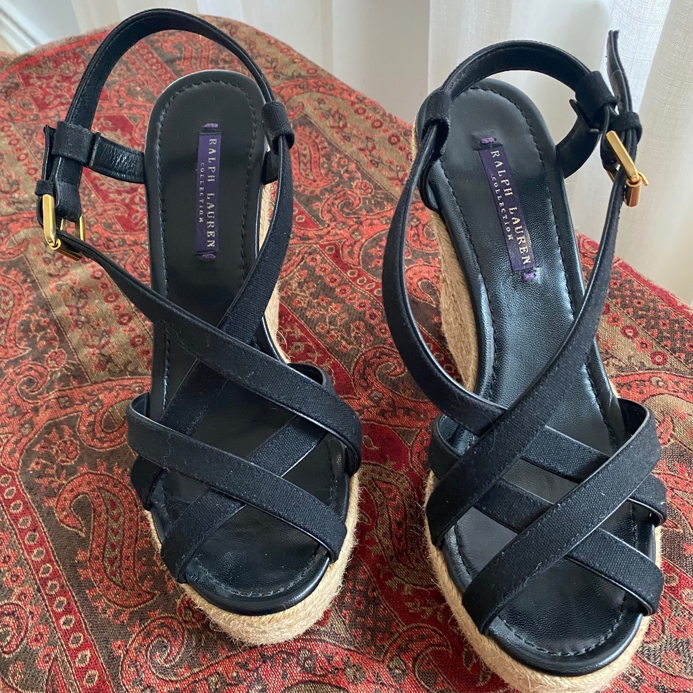 Ralph Lauren Collection Black Canvas and Leather Strappy Espadrilles, Size 9